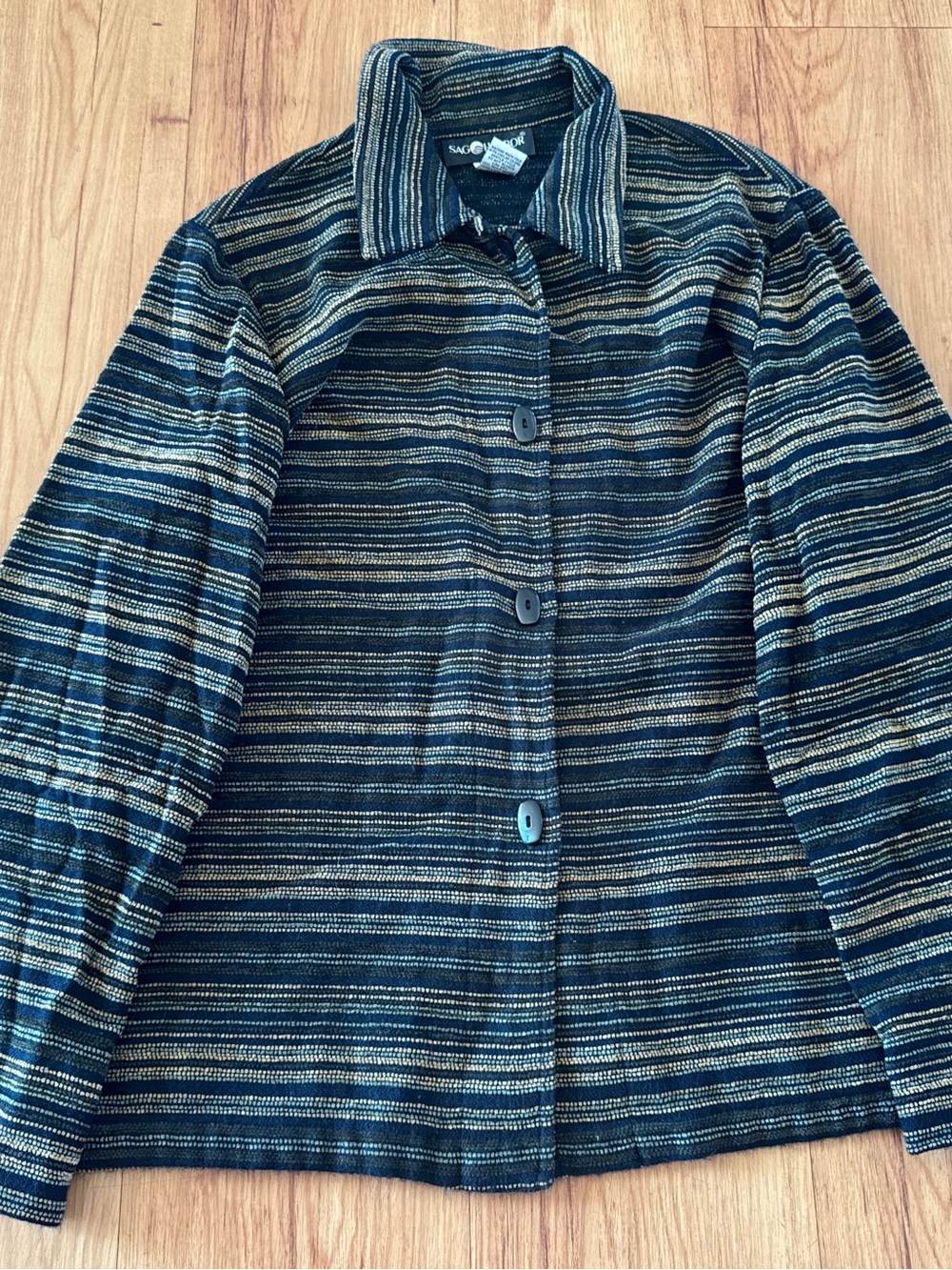 Sag Harbor Jacket Womens 14 Black Striped Knit Button Front Collared Mid Length